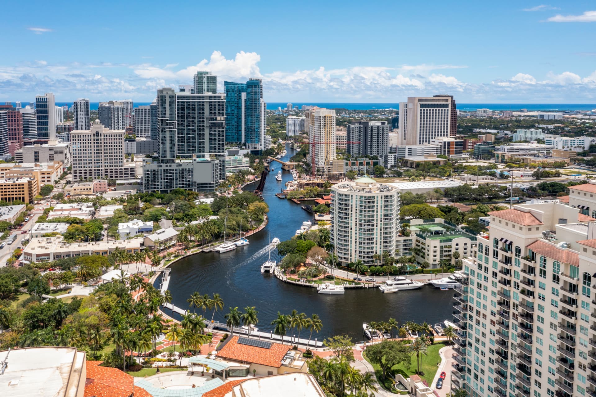 Aerial view of the Fort Lauderdale skyline and New River